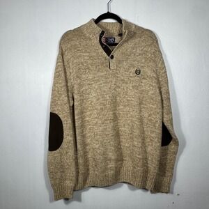 Chaps Men's Tan Quarter Button Sweater Elbow Patches Sz L Grandpacore Cabincore